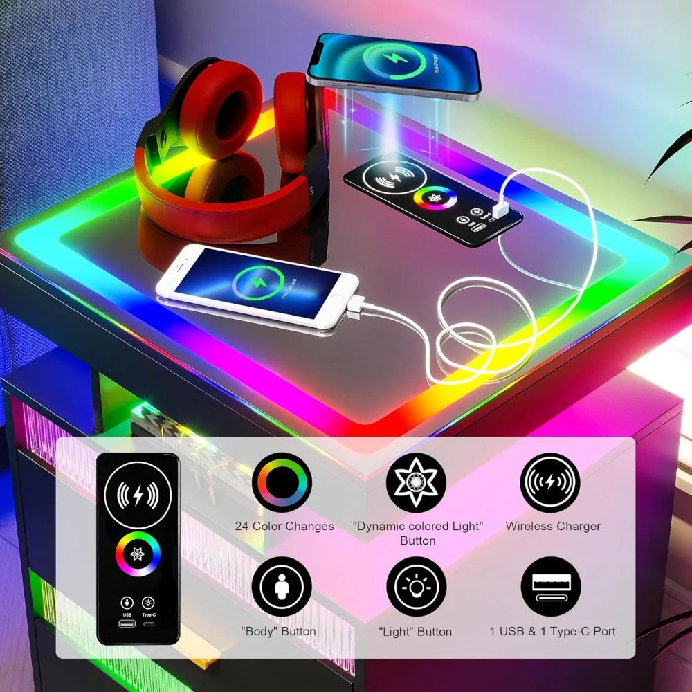 RGB LED Night Stand with Wireless Charging Station, Modern Bedside Table with Human Body Sensor Light, Smart Nightstand with Gl