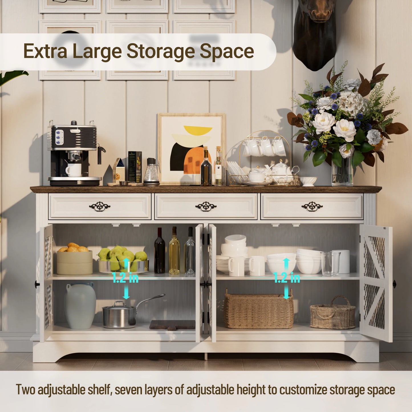 ZBOM 63" Farmhouse Buffet Sideboard Cabinet with 3 Drawers and Charging Station - Loft&Timber