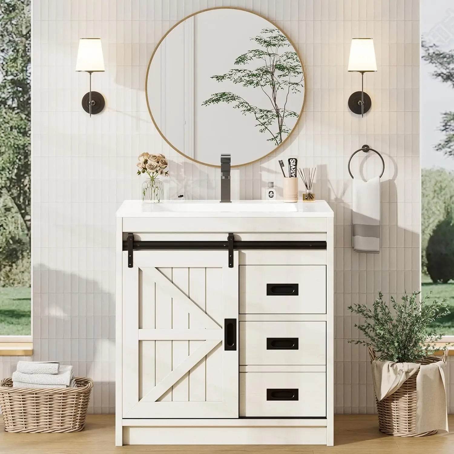 Farmhouse Bathroom Vanity with Sink Combo 31in Sliding Barn Door Bathroom Vanity Cabinet Set with Storage Drawers, Metal Handles - Loft&Timber