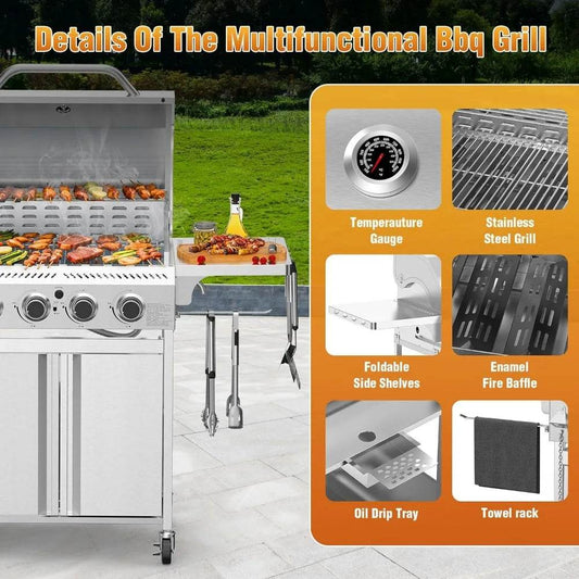 Stainless Steel 4-Burner Propane Gas Grill with Folding Side Shelf and 32,000 BTU Cooking Power - Loft&Timber