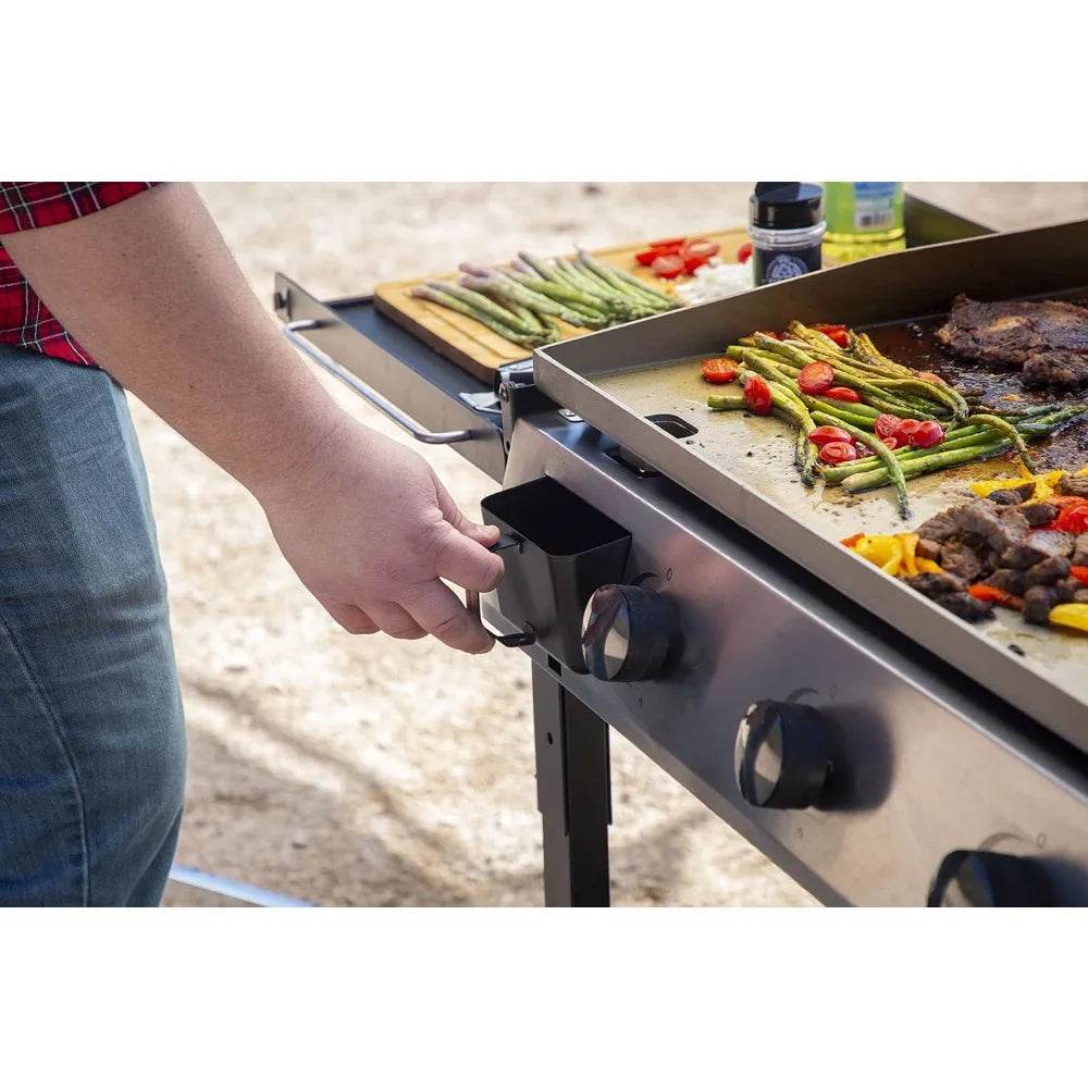 Four Burner Liquid Propane Gas Grill with Foldable Side Shelves, 36-Inch Flat Top Griddle, Fitted Cover, Deluxe Black - Loft&Timber