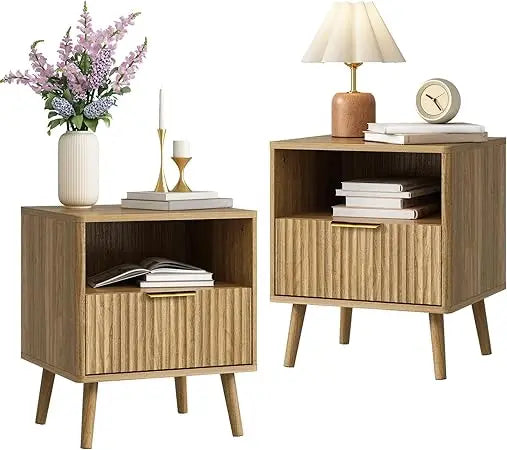 Fluted Nightstand with Drawers, 16'' Wide Wood End Table for Bedroom, Small Space Bedside Table, Modern Night Stand for Living