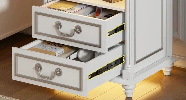 JDPAG Farmhouse Nightstand with Gun Drawer, 20" Vintage Bedside Table with LED Lights & Charging Station