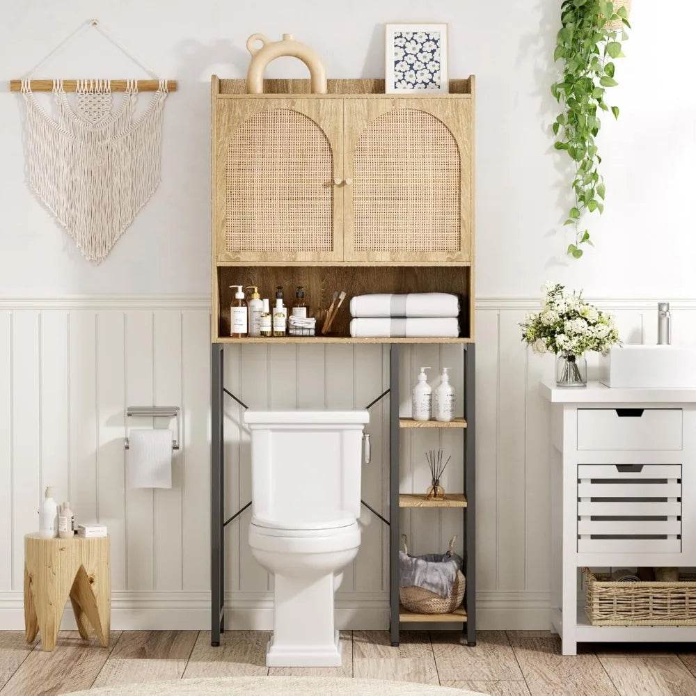 adjustable shelf rattan toilet storage cabinet with ample space and bathroom organizer - Loft&Timber