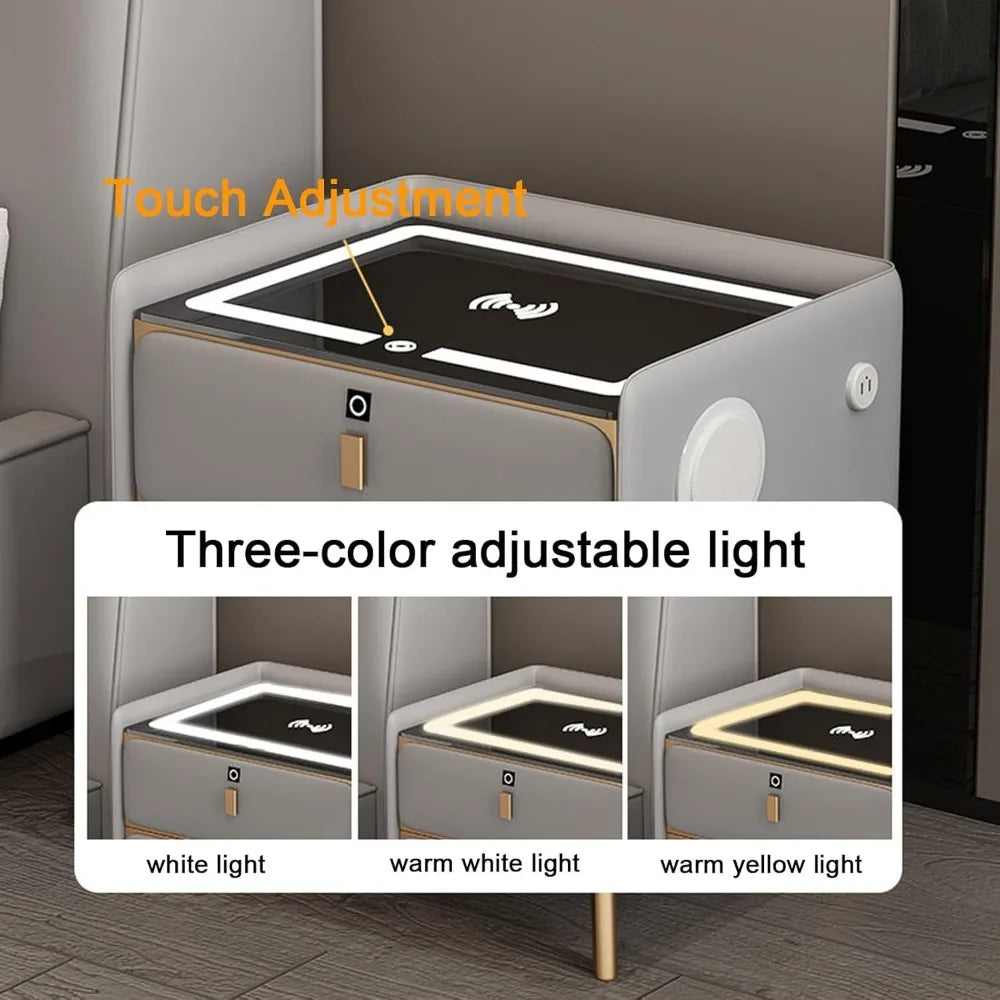 Modern Bluetooth Nightstand with LED Light, 2 Drawers, and Fingerprint Lock