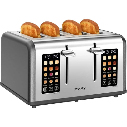 4 Slice Stainless Steel Toaster Touch Screen Dual Control Wide Slots Perfect Bagels Muffins Waffles and Bread