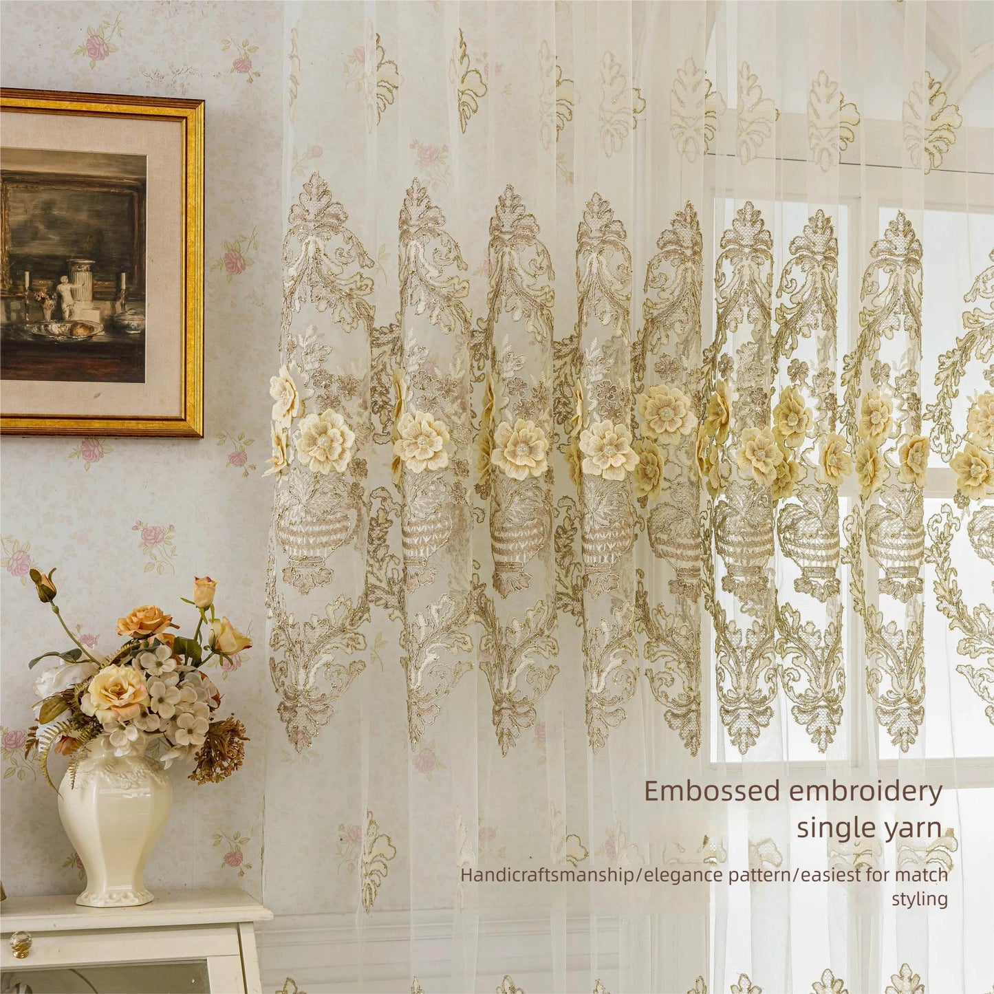 White gauze curtain, luxurious 3D embroidered gauze - Loft&Timber