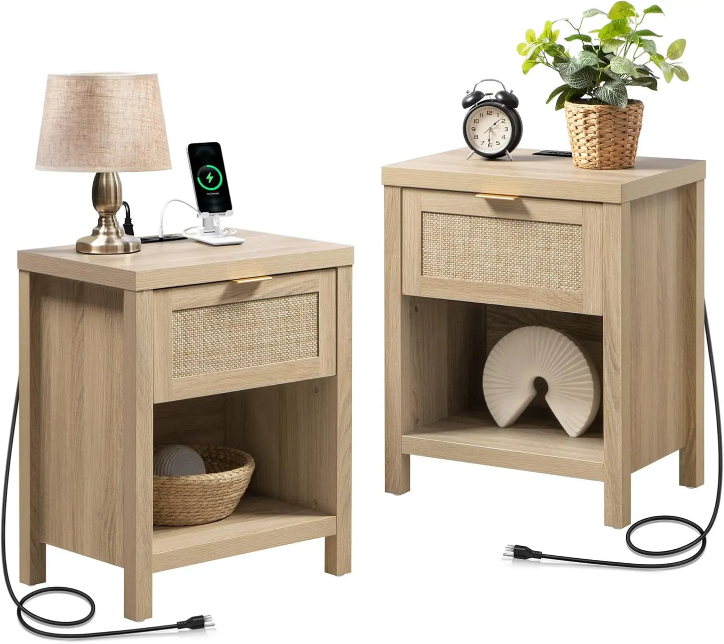 Rattan Nightstands Set of 2 - Farmhouse Night Stand with Drawer and Storage Shelf - Boho Bedside Table End Side Table