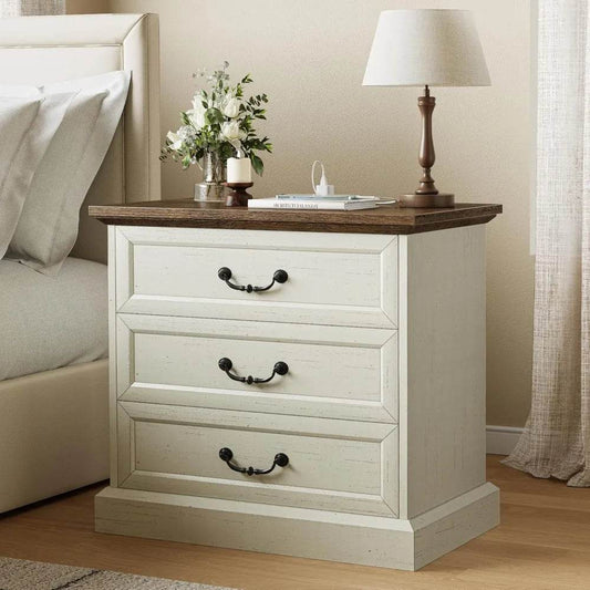 Nightstand with Charging Station, 3 Drawer Night Stand Set of 2, 22 Inch - Loft&Timber