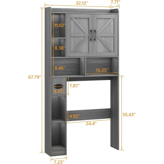 Farmhouse Style Over-the-Toilet Storage Cabinet with Dual Barn Doors, Toilet Paper Holder, and Space-Saving Design for Bathroom