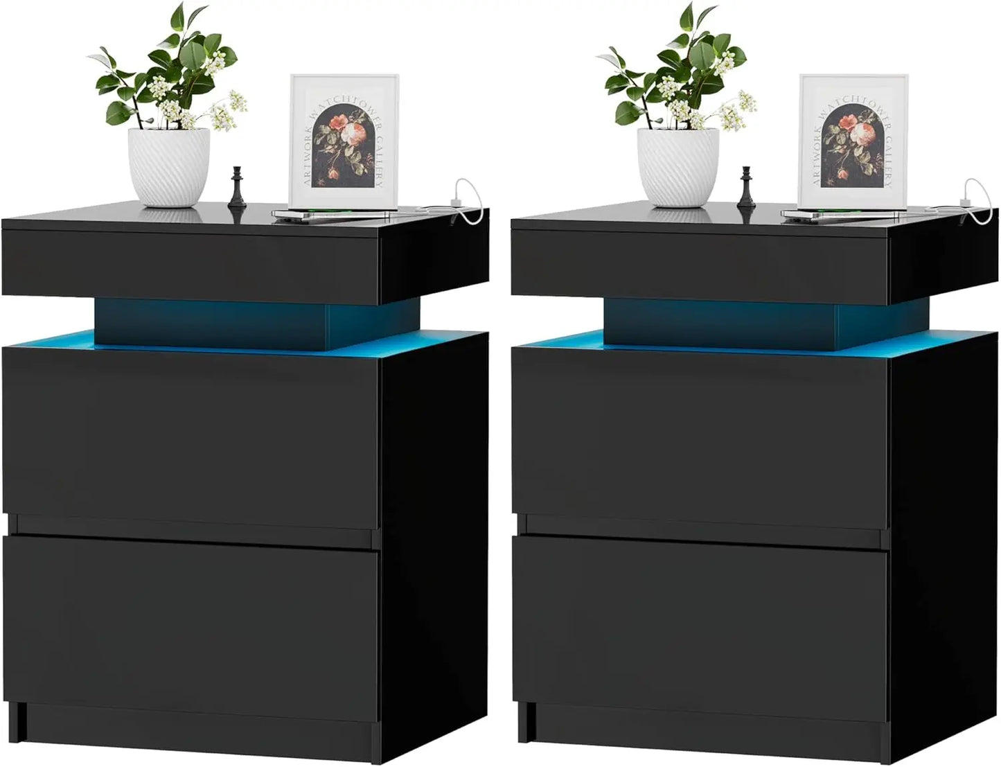LED Nightstand Set of 2 - Bedside Table with Charging Station and 2 Mirrored Drawers Sliding Top with Magnetic Lock - Modern