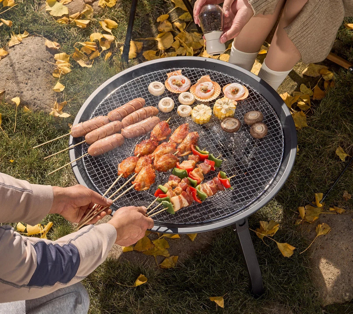 Outdoor Charcoal Fire Pit Portable Iron Fire Bowl with Folding Legs Black-4