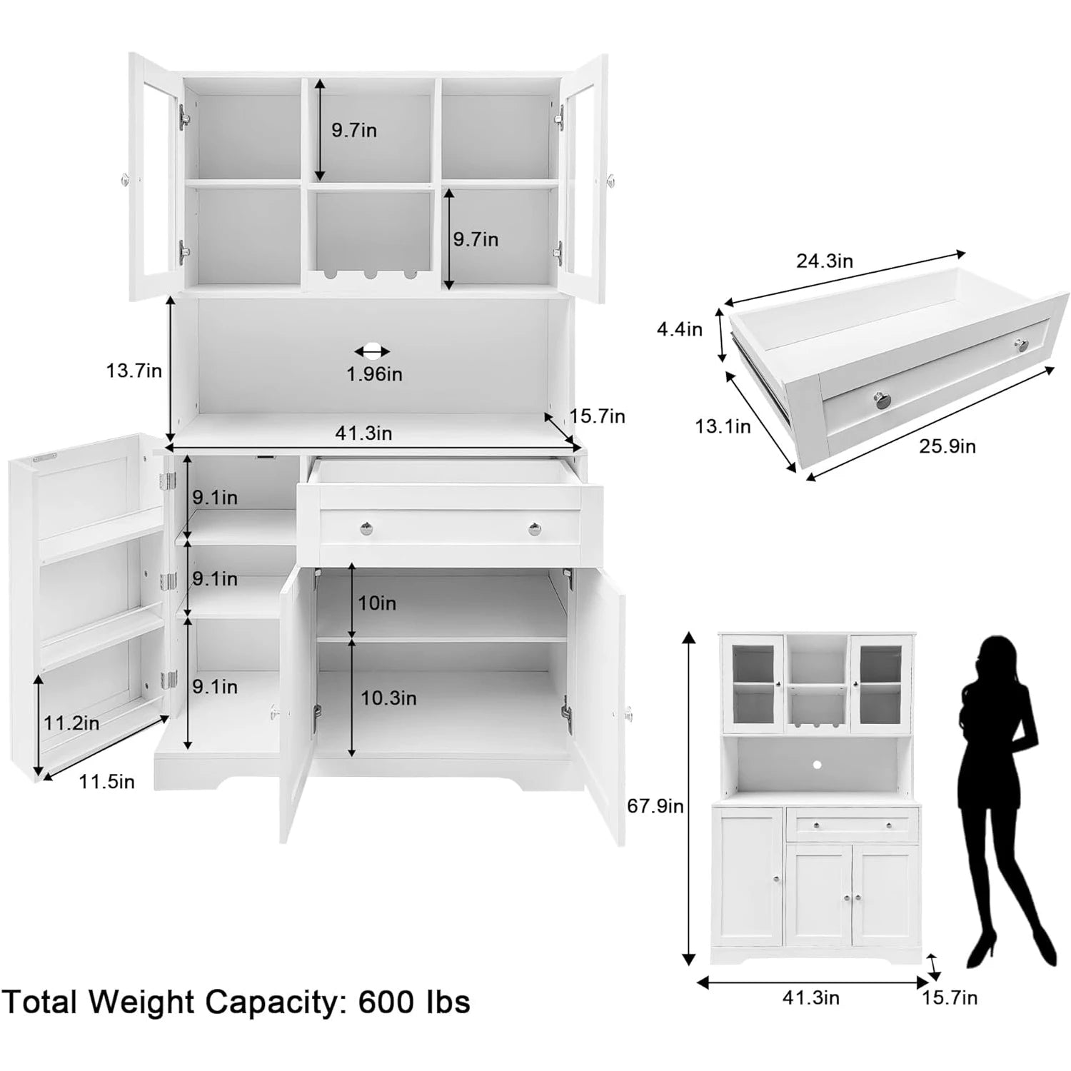 48" High Kitchen Pantry Storage Cabinet with Glass Doors and Shelves - Loft&Timber