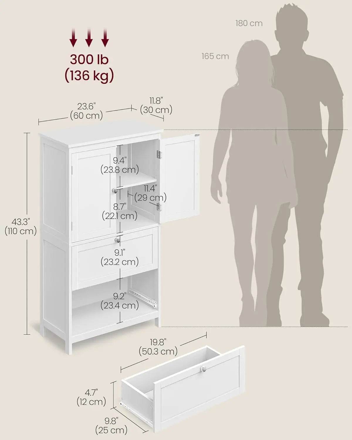 Bathroom Floor Storage Cabinet, Bathroom Storage Unit, Freestanding Cabinet with 2 Drawers and 2 Doors, Adjustable Shelf - Loft&Timber