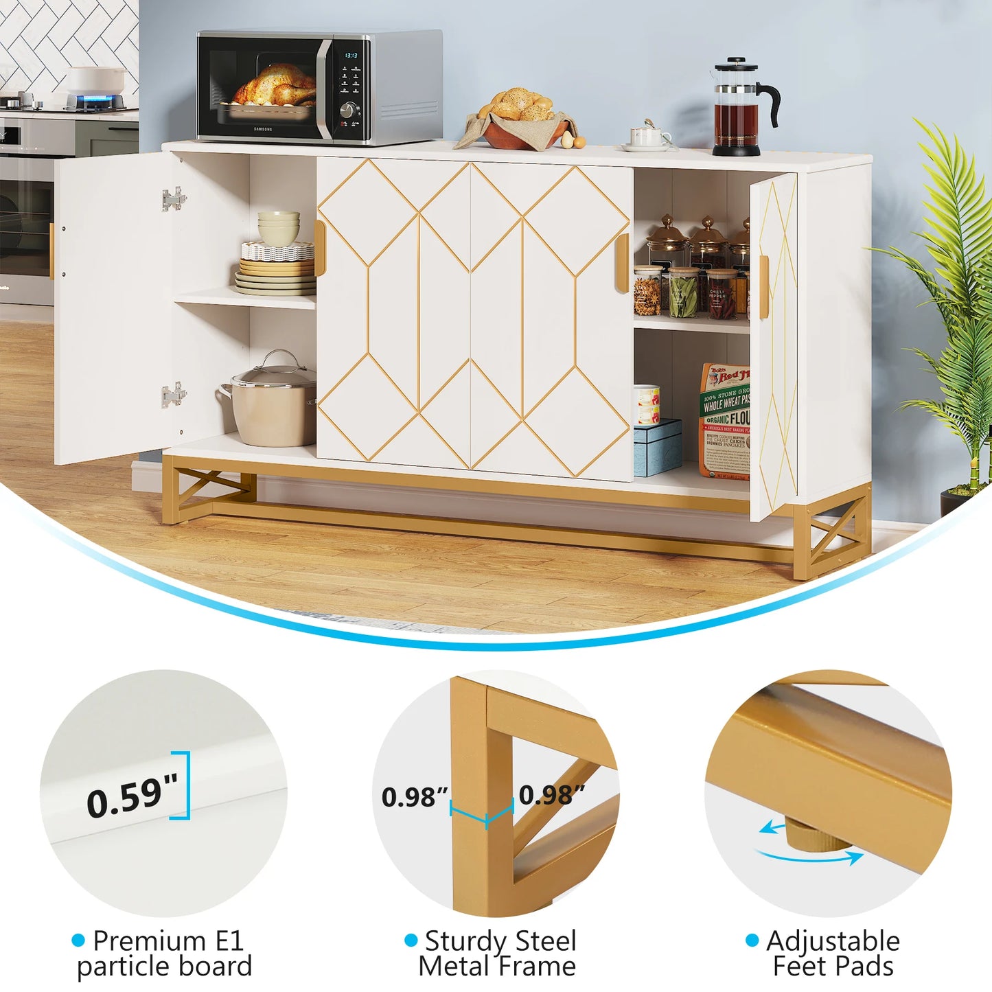 Tribesigns 59" White Gold Buffet Cabinet with Storage - Loft&Timber