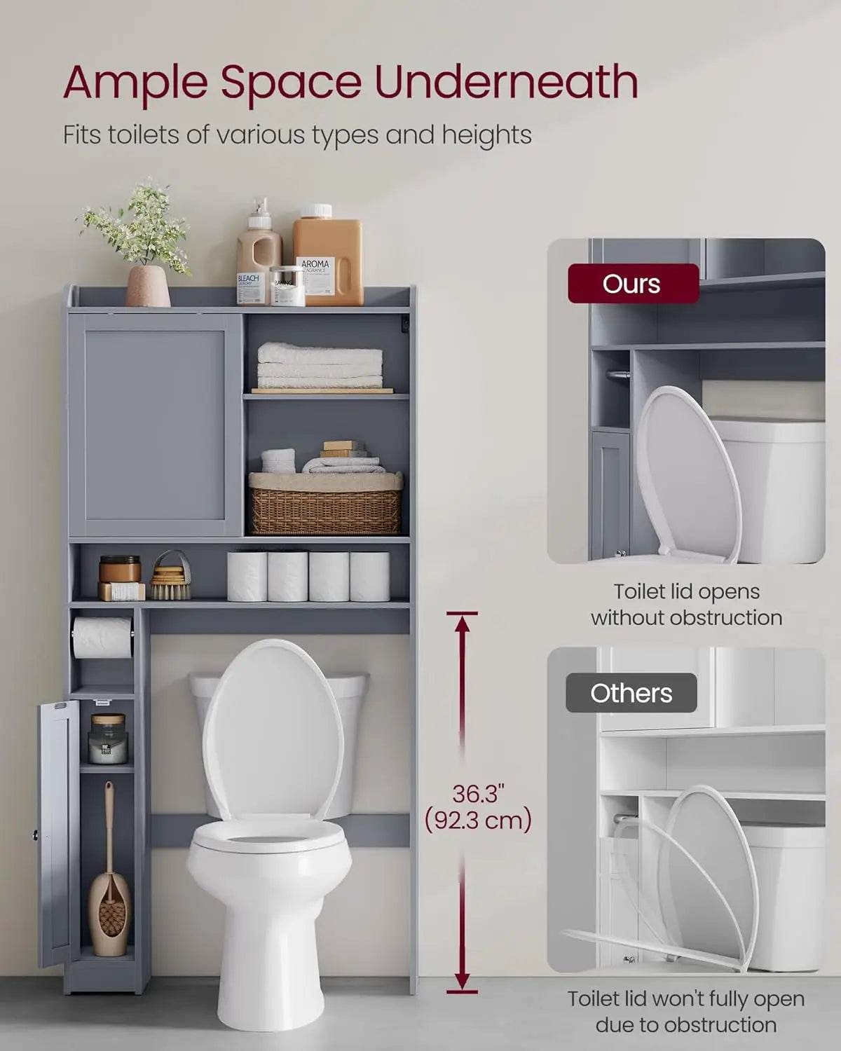 Over The Toilet Storage Shelf, Bathroom Storage Cabinet with Sliding Door, Adjustable Shelves, Toilet Paper Holder, Space-Saving - Loft&Timber