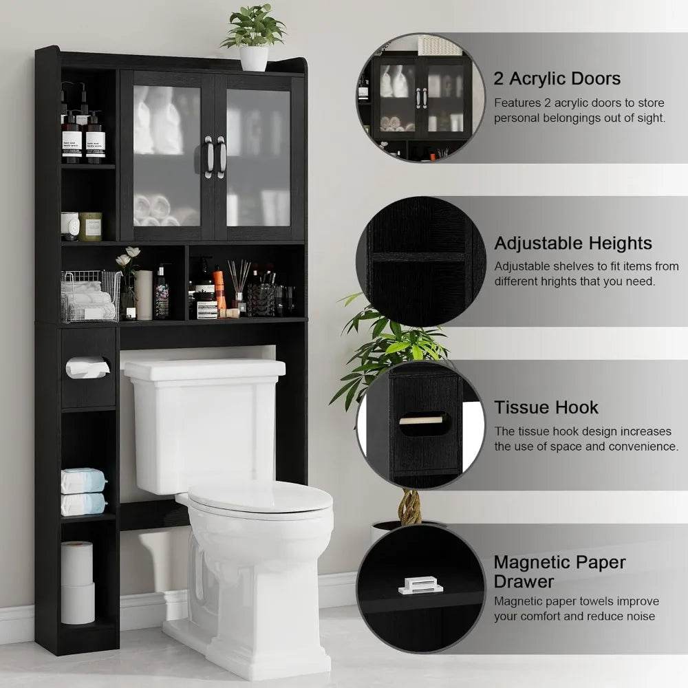 Freestanding toilet-top storage cabinet with adjustable shelves and anti-tip feature, arched design - Loft&Timber