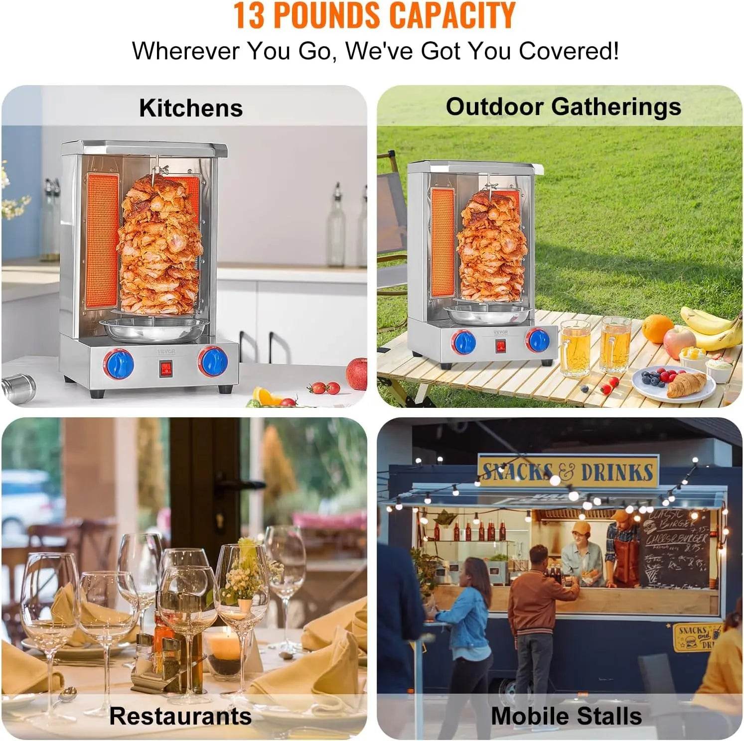 VEVOR Shawarma Grill Machine, 13 lbs Capacity, Chicken Shawarma Cooker Machine with 2 Burners, Gas Vertical Broiler Gyro - Loft&Timber