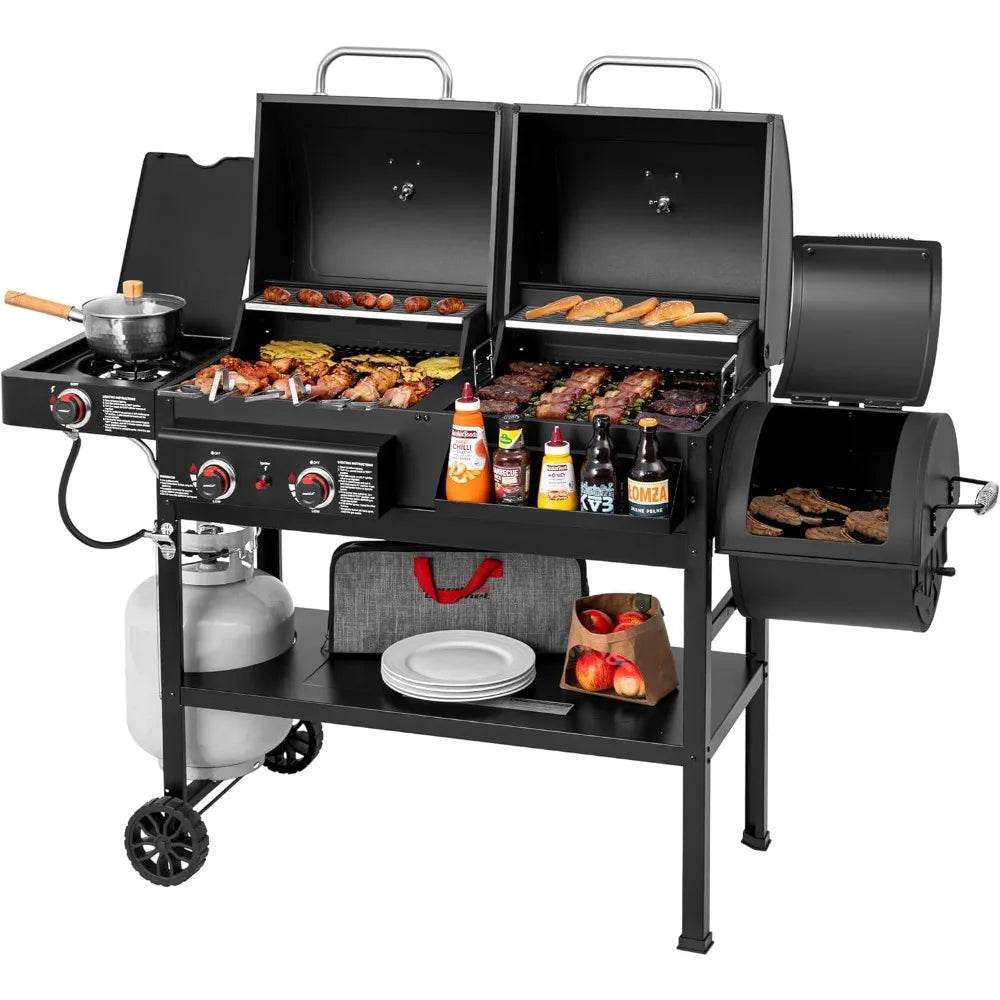2-Burner Gas and Charcoal Combo Grill with Offset Smoker & Side Burner, 34,000 BTU Dual Fuel Grill, 1020 Sq. In. Cooking Area, I - Loft&Timber