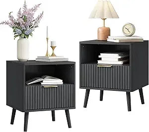 Fluted Nightstand with Drawers, 16'' Wide Wood End Table for Bedroom, Small Space Bedside Table, Modern Night Stand for Living