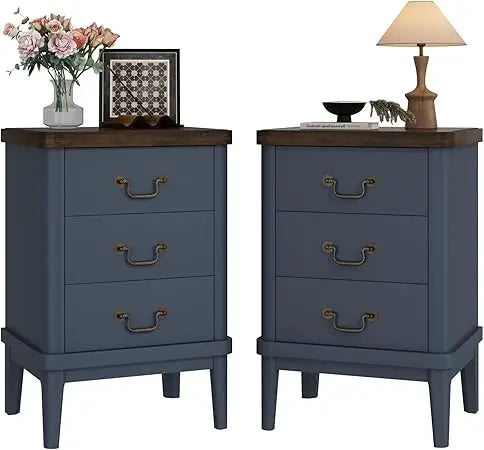 Farmhouse Nightstand with 3 Drawers,Modern Bedside Table with Round Curved Corner and Metal Handles, Wood End Side Table for Li