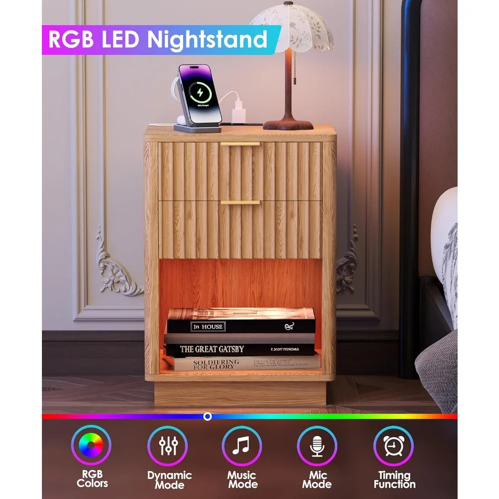 Fluted Nightstands Set of 2 with Charging Station, 15.7" Wide 2 Storage Drawers End Table with LED Light, Curved Profile