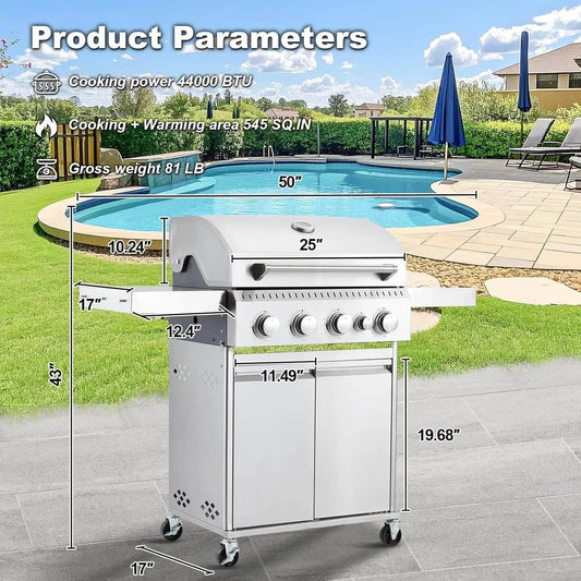 Stainless Steel 4 Burner BBQ Propane Gas Grill with Cast Iron Grates & Side Stove, Stainless Steel 44000 BTU Burner - Loft&Timber