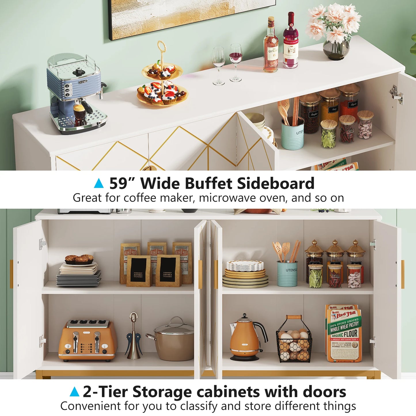 Tribesigns 59" White Gold Buffet Cabinet with Storage - Loft&Timber