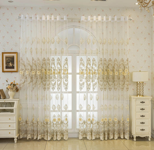 White gauze curtain, luxurious 3D embroidered gauze - Loft&Timber