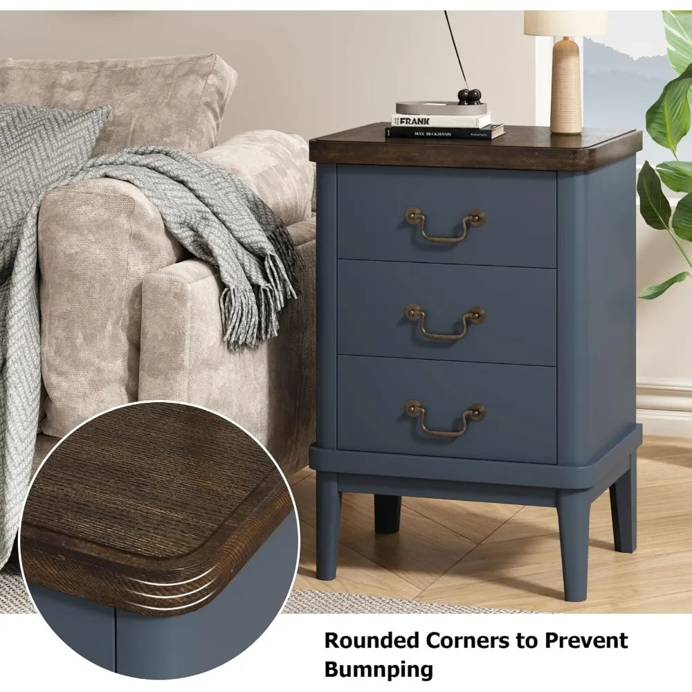 Farmhouse Nightstand with 3 Drawers,Modern Bedside Table with Round Curved Corner and Metal Handles, Wood End Side Table for Li