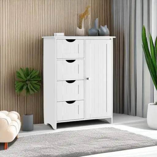 Bathroom Storage Cabinet, Floor Cabinet with 4 Drawers and 1 Adjustable Shelf (White) - Loft&Timber