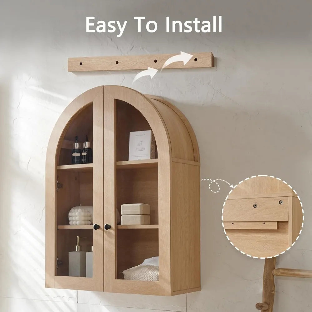 Arched wall-mounted bathroom cabinet with glass doors, 23.5" x 31.4" over-the-toilet storage