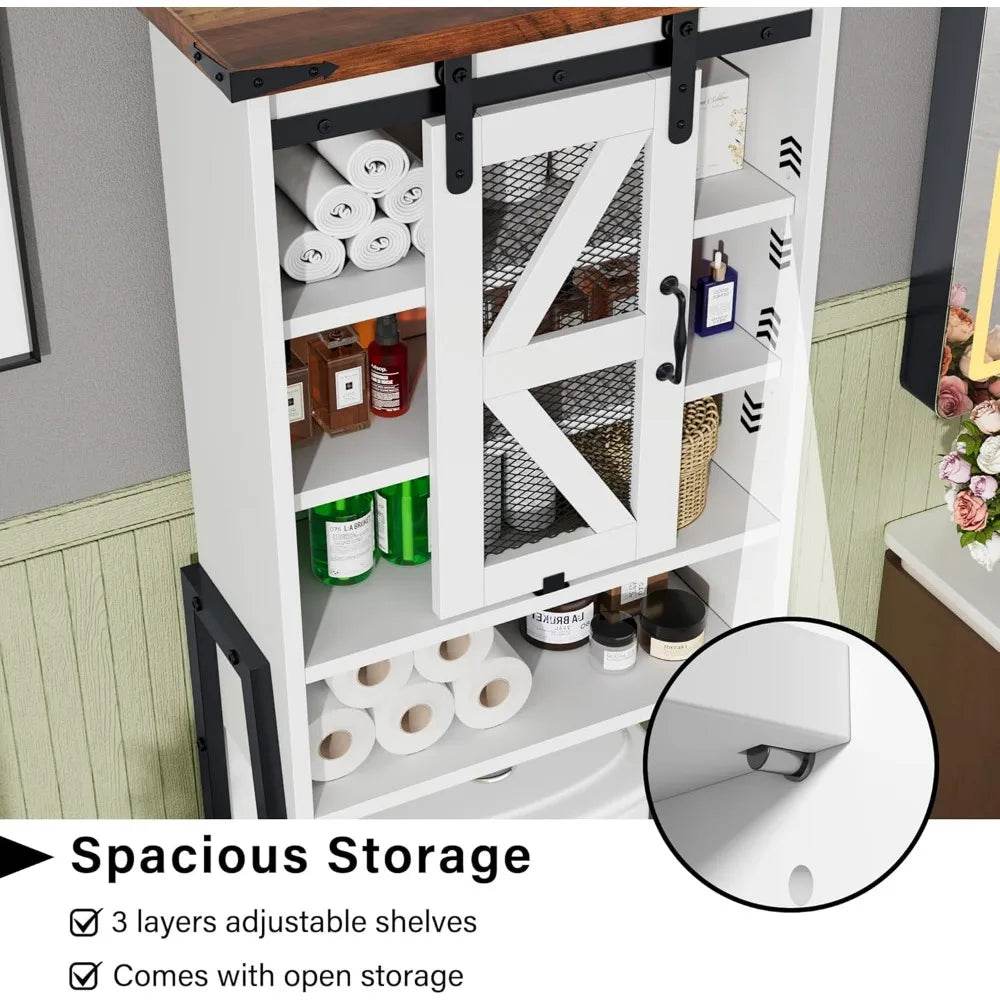 rustic farmhouse-style toilet storage cabinet with adjustable shelves and barn door - Loft&Timber