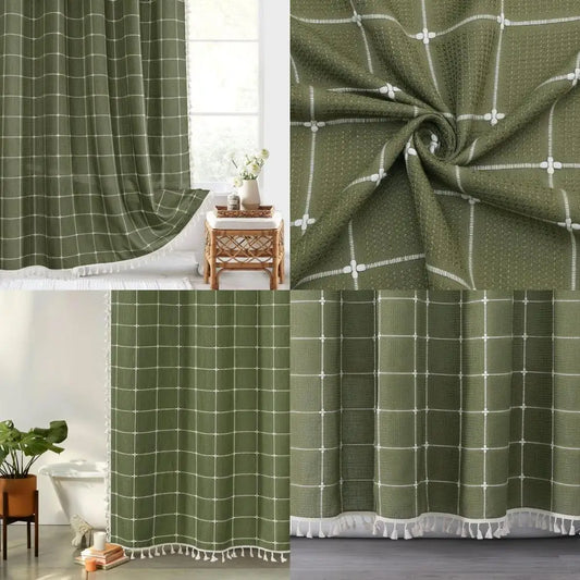 green boho farmhouse shower curtain with tassels