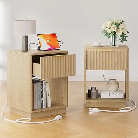 Fluted Nightstand Set of 2 with Charging Station, 18" Bedside Table End Table with Drawer & Open Shelf, Mid Century Modern Night