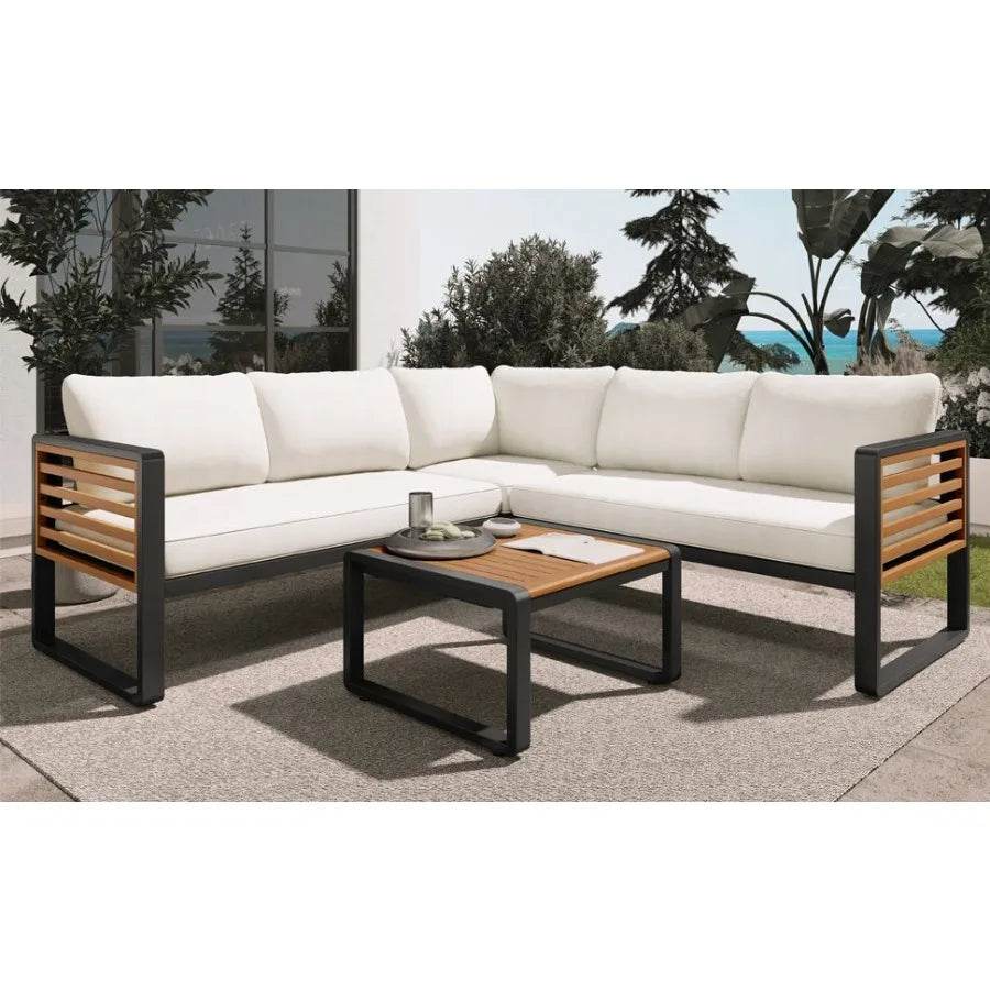 GO 4 Pieces Outdoor Patio Set Metal and Wood Frame Sectional with Soft Cushions & Coffee Table - Loft&Timber