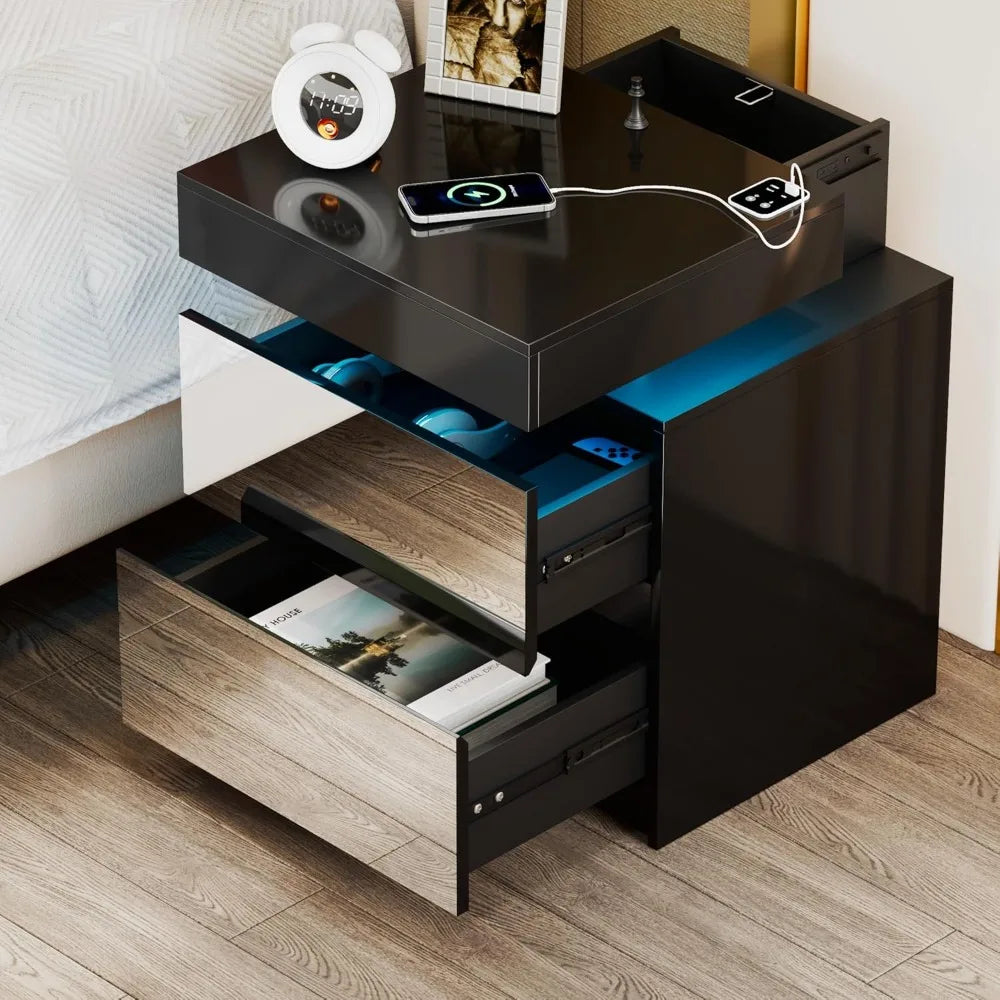 LED Nightstand Set of 2 - Bedside Table with Charging Station and 2 Mirrored Drawers Sliding Top with Magnetic Lock - Modern