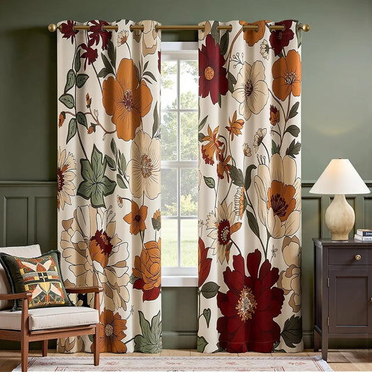 Floral Blackout Drapes Vintage Flower Patterned Curtains, 2 Panels Set with Grommet Beige