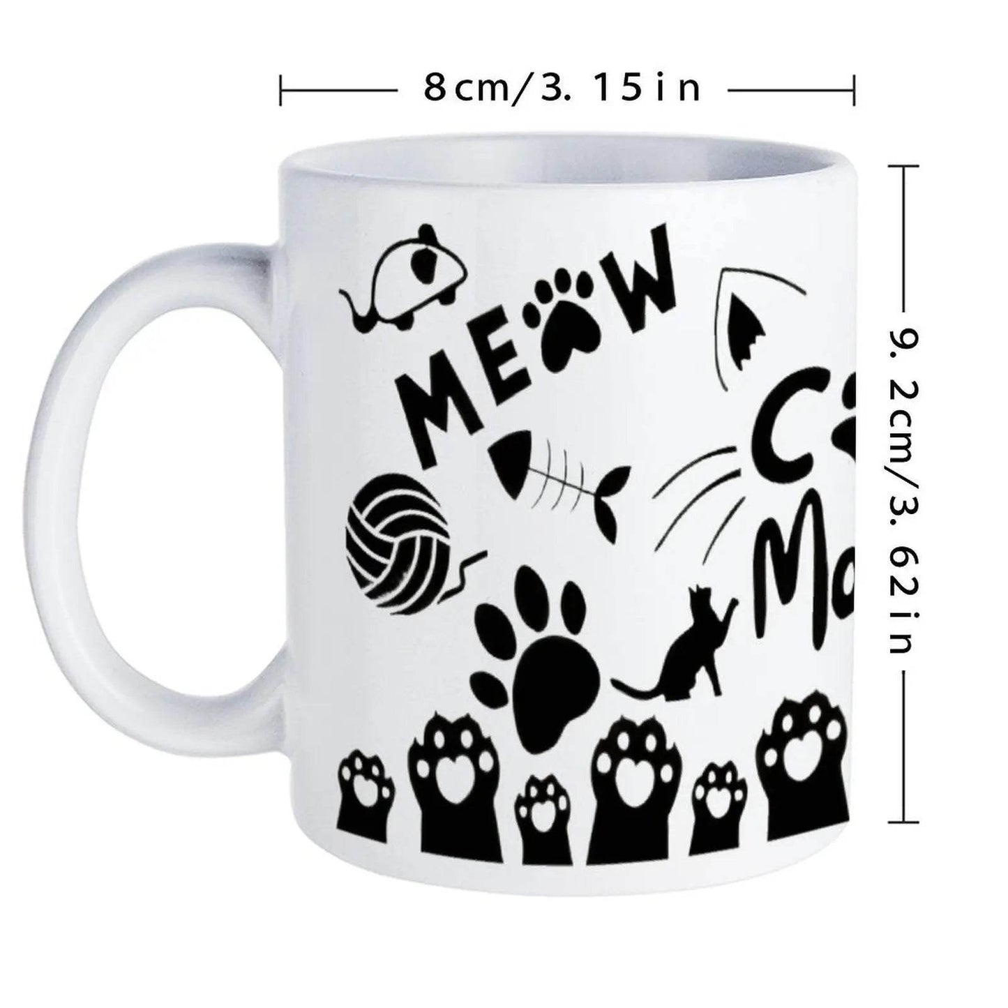 Silhouette Of A Cat's Paw Prints With The Words Meow Cat Mom Meow White Ceramic Sublimation Cups, 11oz Mugs - Loft&Timber