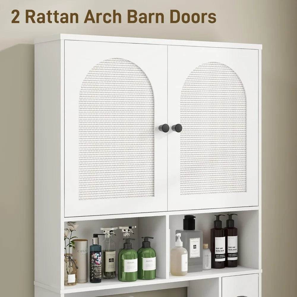 Over-the-Toilet Rattan Storage Cabinet with Double Doors and Toilet Paper Stand, Freestanding - Loft&Timber