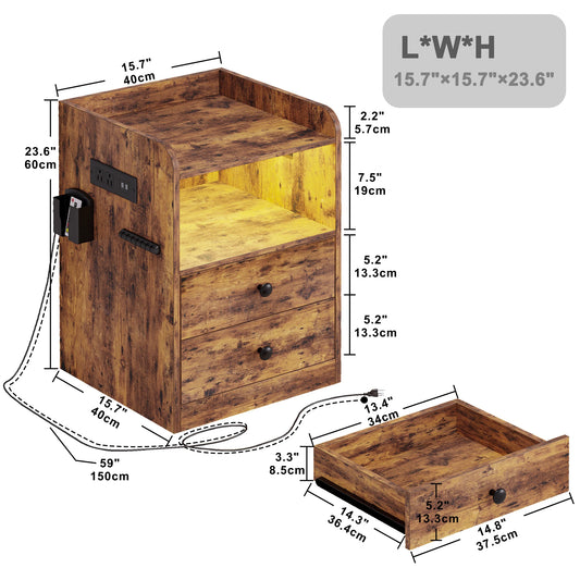 LIKIMIO Nightstand with LED, Charging Station & USB Ports