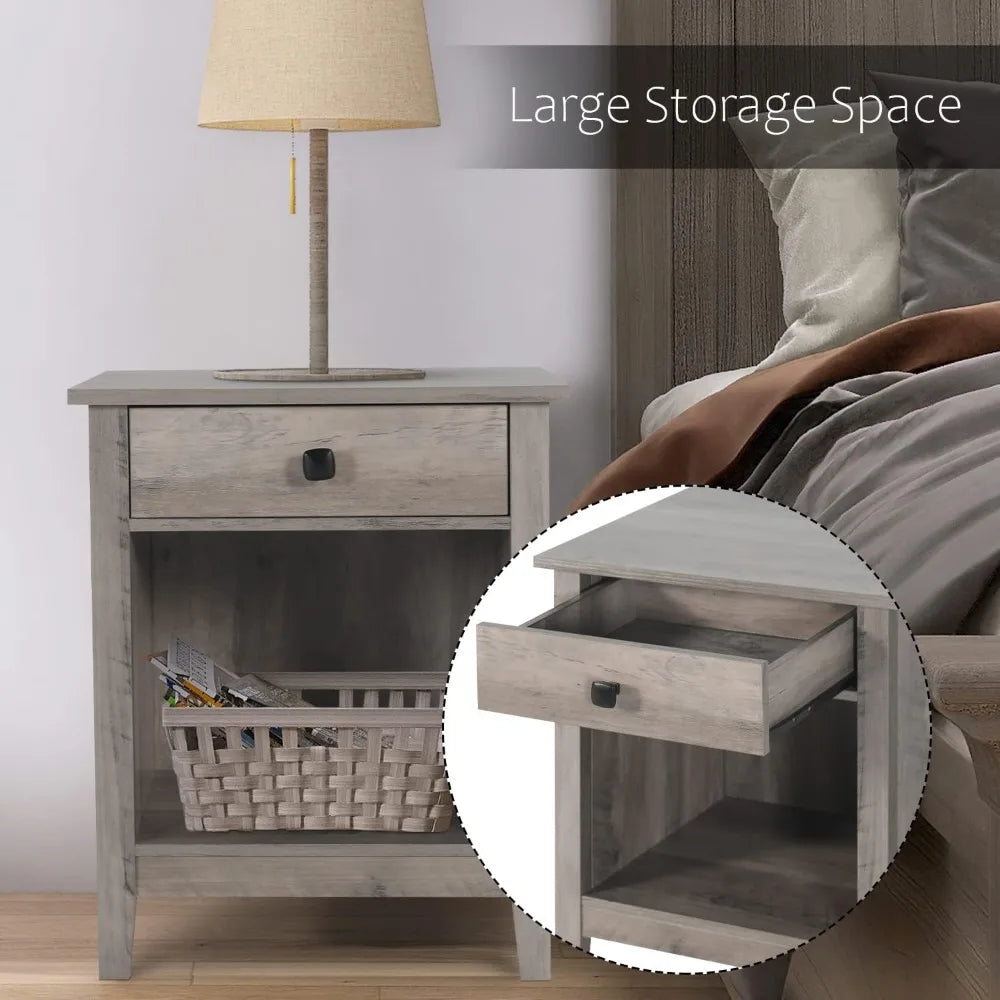 Nightstands - Set of 2 Wooden Night Stands, Bedside Tables, with Drawers, Farmhouse Style Bedroom Furniture (Grey Wood Grain, 1