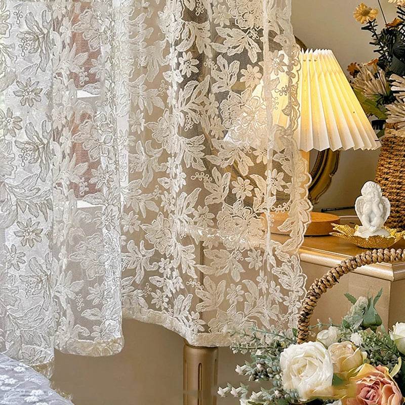 2PC French Vintage Embroidery Lace Beige Sheer Curtains - Loft&Timber