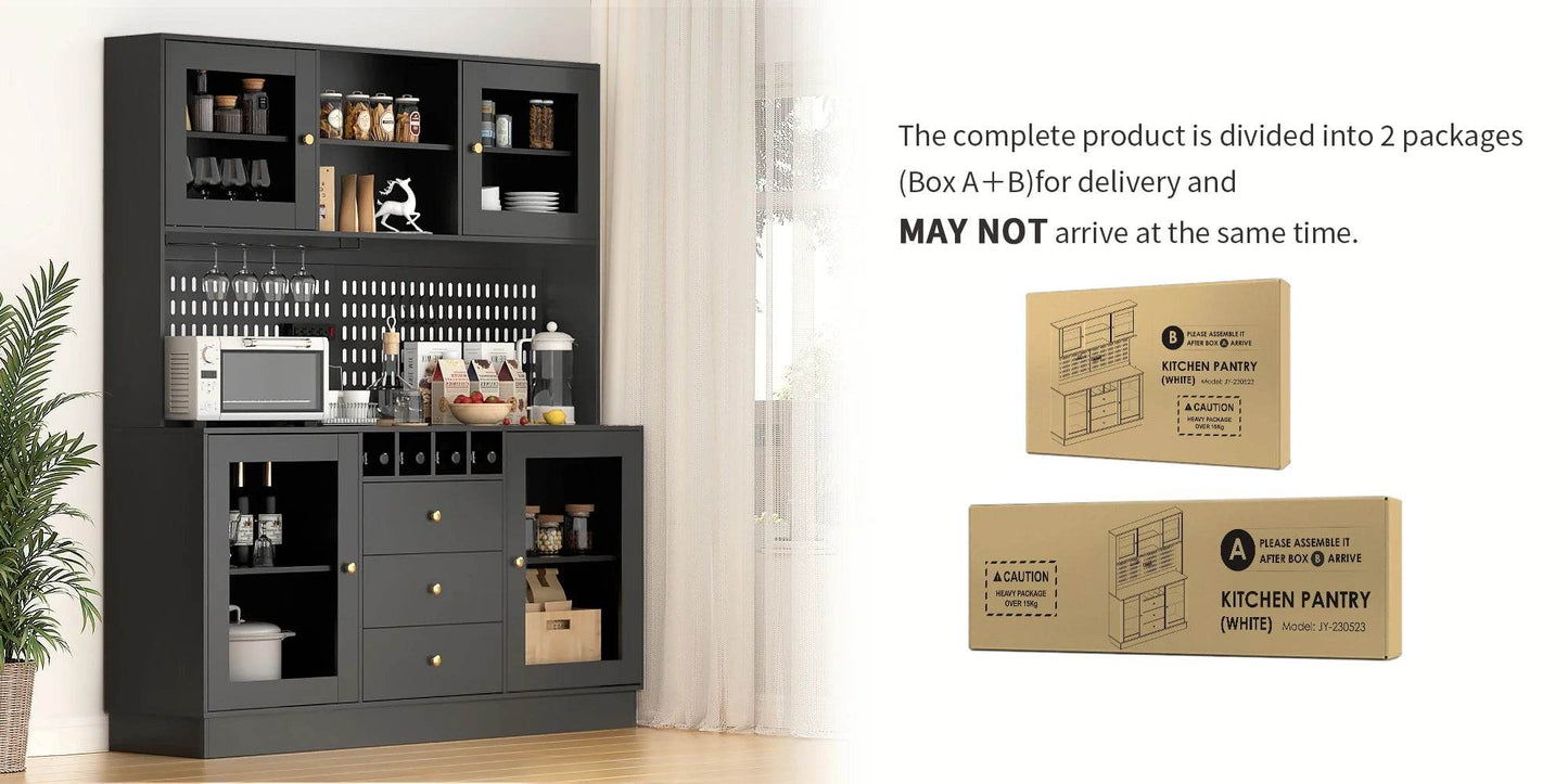 Pantry Cabinet, Kitchen Storage Cabinet, Freestanding Buffet Hutch with Pegboard, Cup Holder, Power Outlet, Black - Loft&Timber