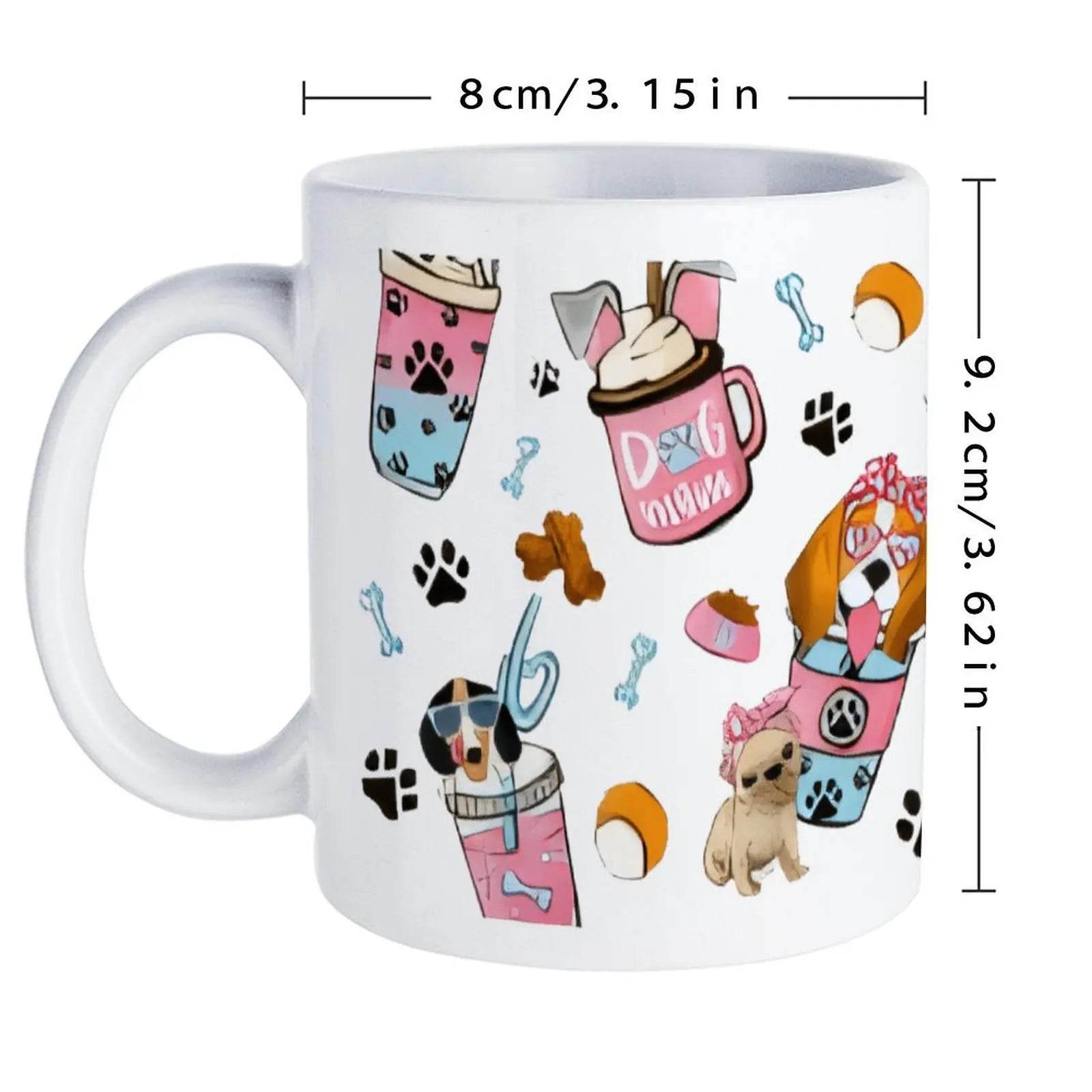 A Group of Cartoon Dogs with Drinks And Paw Prints.1 Water Bottles, 330ml Coffee Cup - Loft&Timber