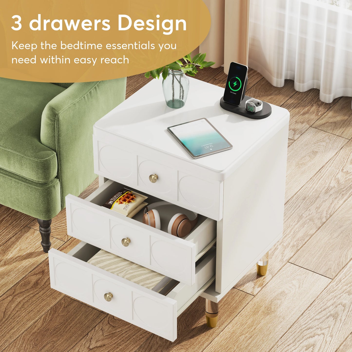 Tribesigns 3-Drawer Nightstand Tall White and Gold Bedside Table with Drawers, Versatile Modern White Night Stand with Storage