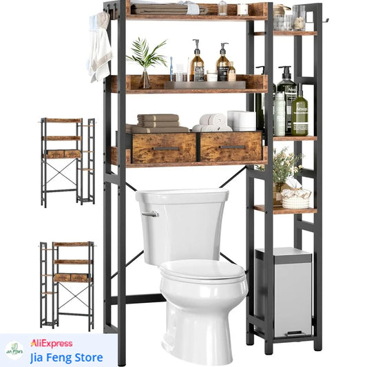 Freestanding 7-Tier Bathroom Organizer with 2 Drawers and Adjustable Shelf for Over-the-Toilet Storage