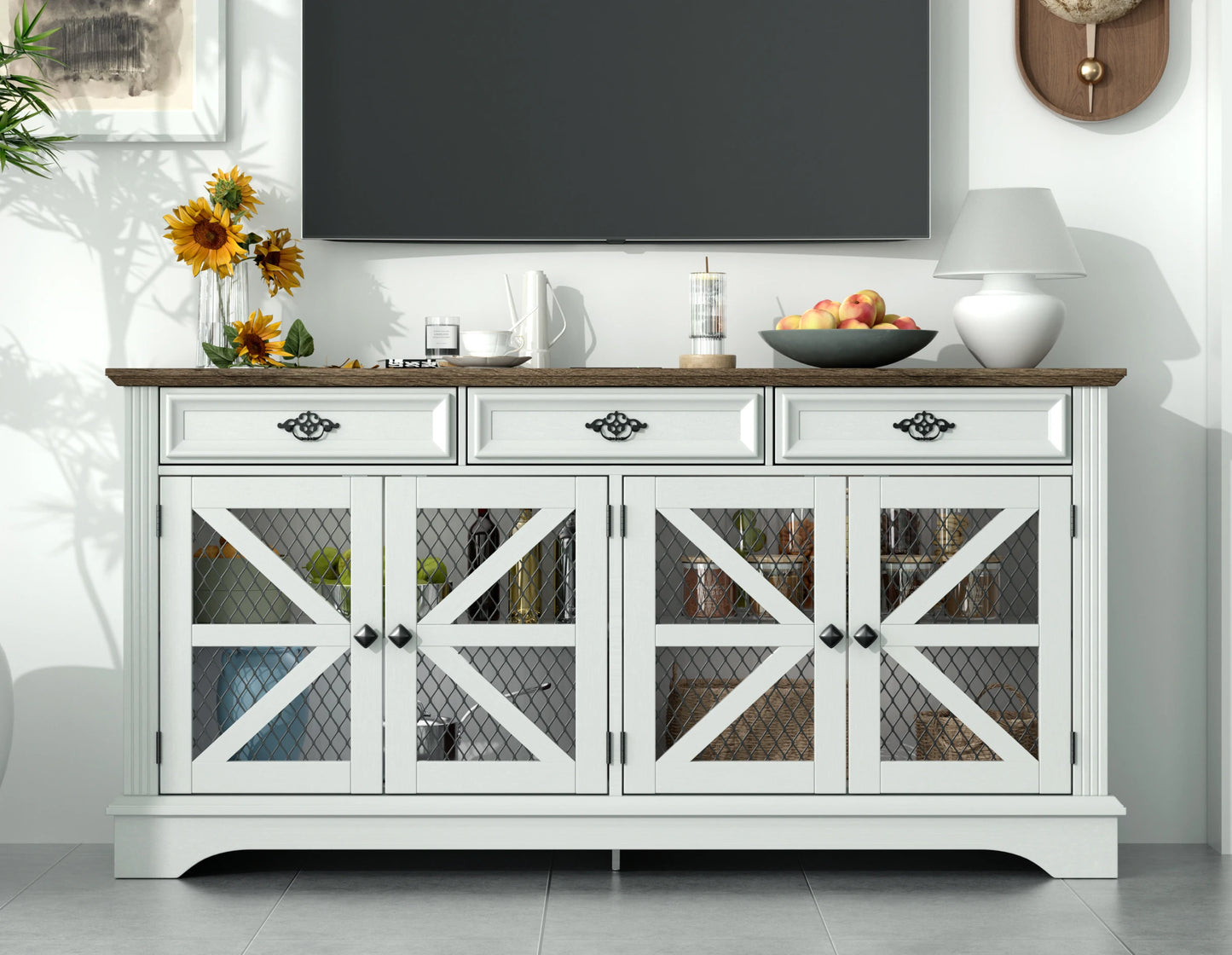 ZBOM 63" Farmhouse Buffet Sideboard Cabinet with 3 Drawers and Charging Station - Loft&Timber