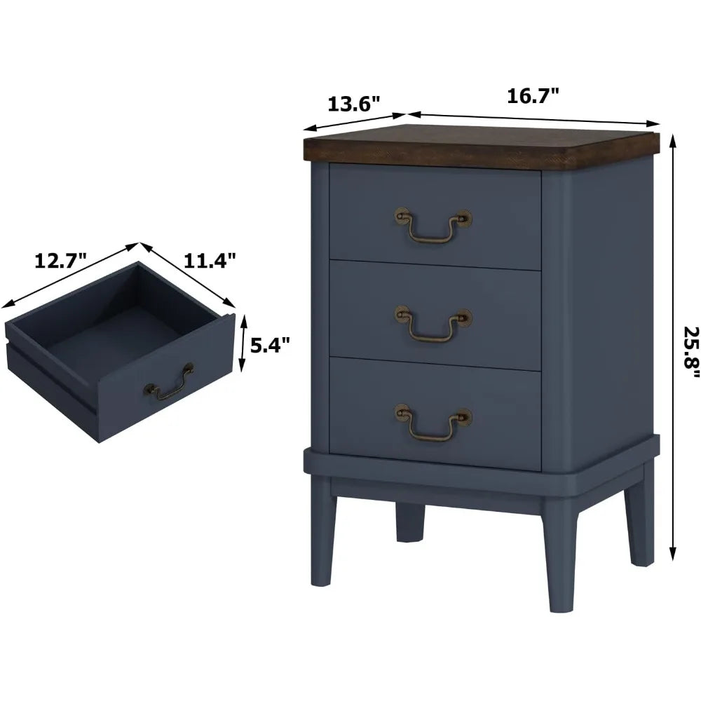 Farmhouse Nightstand with 3 Drawers,Modern Bedside Table with Round Curved Corner and Metal Handles, Wood End Side Table for Li
