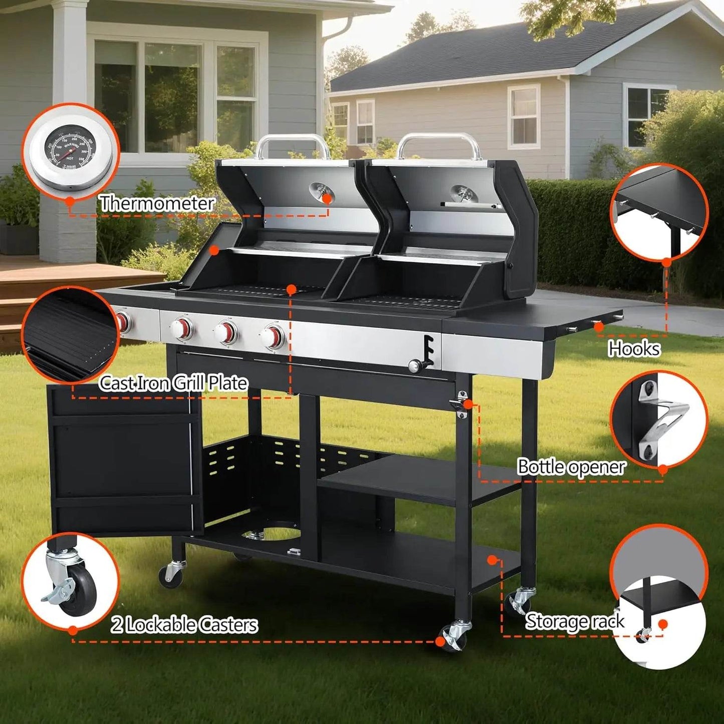 Propane & Charcoal Grill Combo with Cast Iron Grate & Plate - Loft&Timber